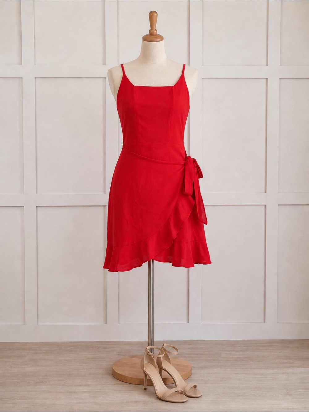 Red Spaghetti-Strap Wrap Mini Dress with Side Tie
